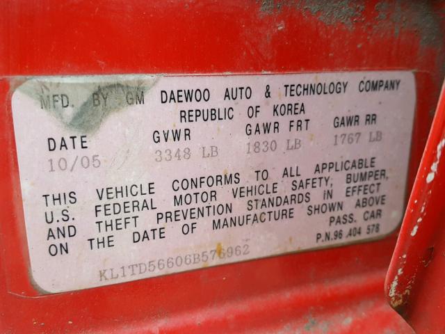 KL1TD56606B576962 - 2006 CHEVROLET AVEO BASE Կարմիր լուսանկար 10