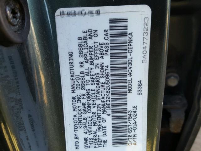 4T1BE32K82U509674 - 2002 TOYOTA CAMRY LE GREEN photo 10