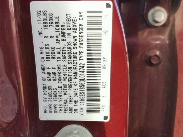 1HGES16563L014742 - 2003 HONDA CIVIC LX BURGUNDY photo 10