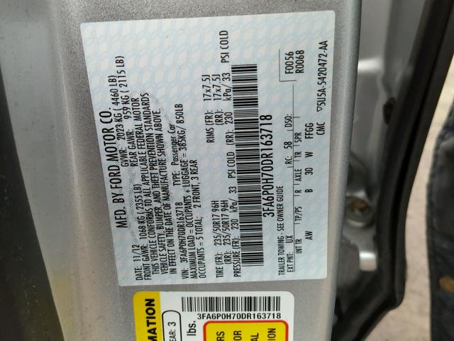 3FA6P0H70DR163718 - 2013 FORD FUSION SE GRAY photo 10