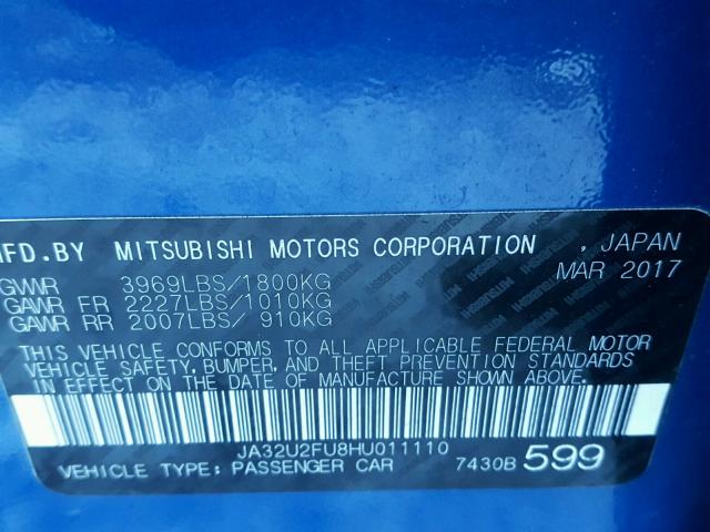 JA32U2FU8HU011110 - 2017 MITSUBISHI LANCER ES BLUE photo 10