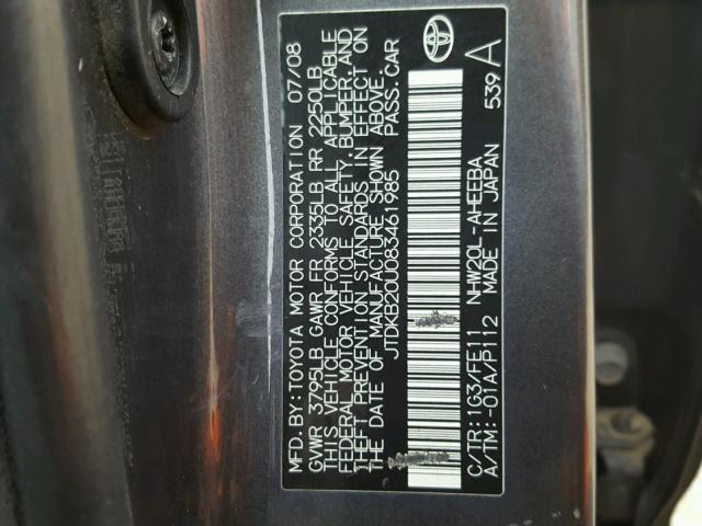 JTDKB20U083461985 - 2008 TOYOTA PRIUS BLACK photo 10