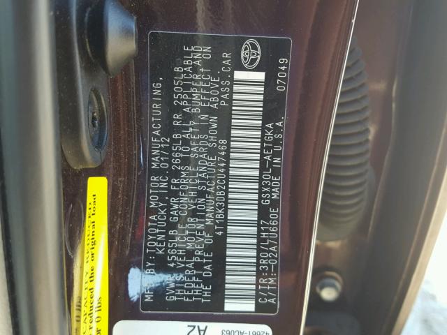 4T1BK3DB2CU447468 - 2012 TOYOTA AVALON BAS PURPLE photo 10