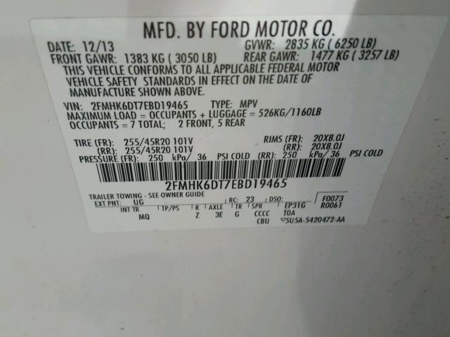 2FMHK6DT7EBD19465 - 2014 FORD FLEX LIMIT WHITE photo 10