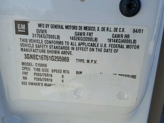 3GNEC16T61G255969 - 2001 CHEVROLET SUBURBAN C WHITE photo 10