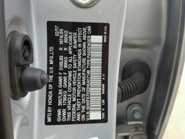 SHHFK7H22HU417148 - 2017 HONDA CIVIC LX SILVER photo 10