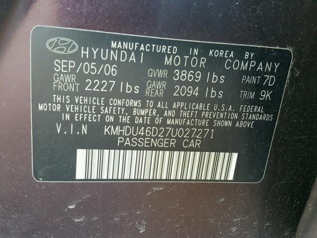 KMHDU46D27U027271 - 2007 HYUNDAI ELANTRA GL PURPLE photo 10