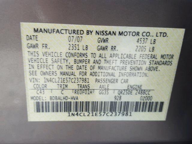 1N4CL21E57C237981 - 2007 NISSAN ALTIMA HYB BEIGE photo 10