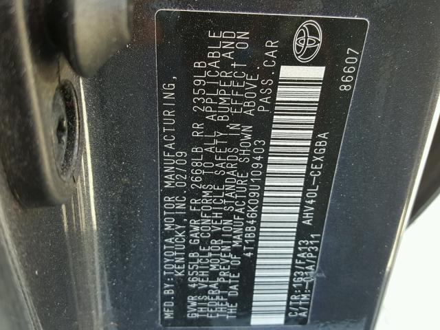 4T1BB46K09U109403 - 2009 TOYOTA CAMRY HYBR GRAY photo 10