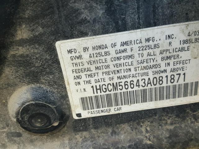 1HGCM56643A081871 - 2003 HONDA ACCORD EX BLACK photo 10