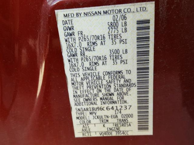 5N1AR18U96C641237 - 2006 NISSAN PATHFINDER MAROON photo 10