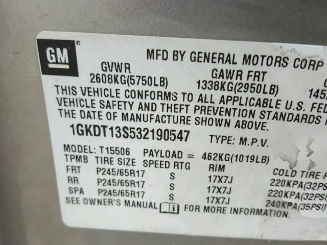 1GKDT13S532190547 - 2003 GMC ENVOY SILVER photo 10