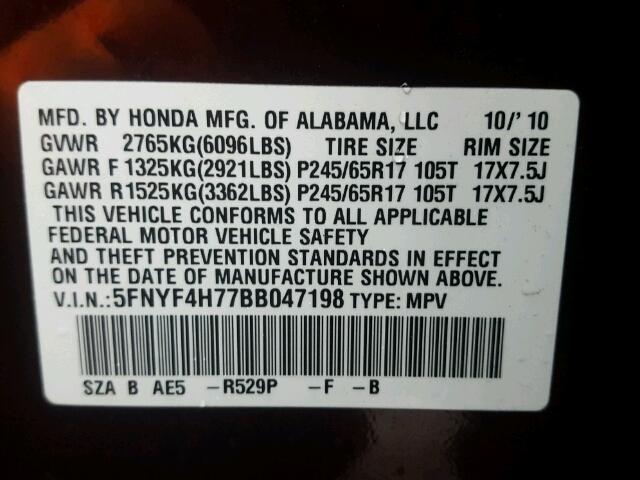 5FNYF4H77BB047198 - 2011 HONDA PILOT EXLN MAROON photo 10