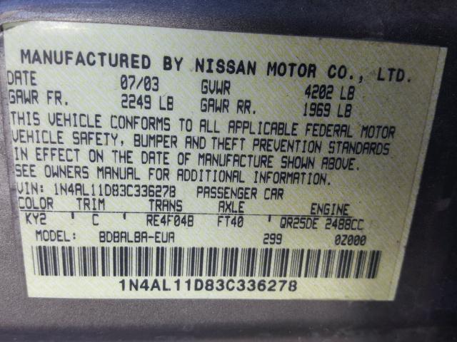 1N4AL11D83C336278 - 2003 NISSAN ALTIMA BAS BEIGE photo 10