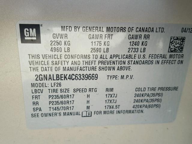 2GNALBEK4C6339669 - 2012 CHEVROLET EQUINOX LS TAN photo 10