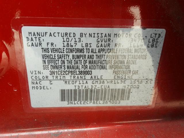 3N1CE2CP8EL389003 - 2014 NISSAN VERSA NOTE RED photo 10