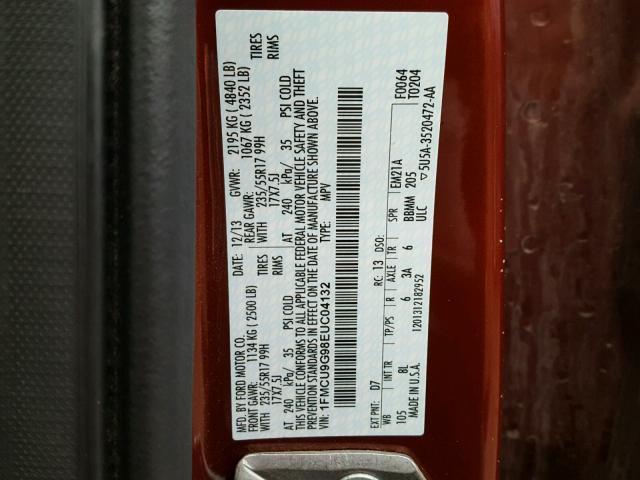 1FMCU9G98EUC04132 - 2014 FORD ESCAPE SE RED photo 10