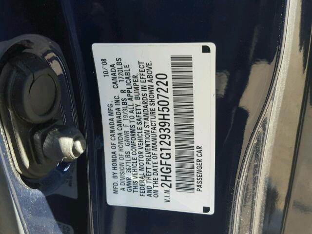 2HGFG12939H507220 - 2009 HONDA CIVIC EXL BLUE photo 10