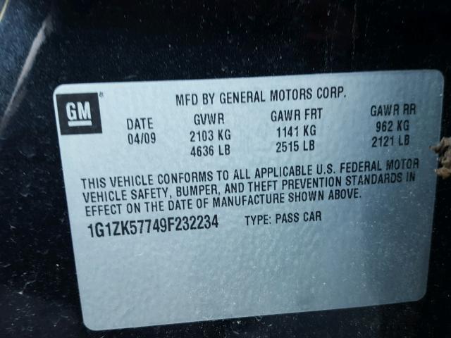 1G1ZK57749F232234 - 2009 CHEVROLET MALIBU LTZ შავი ფოტო 10
