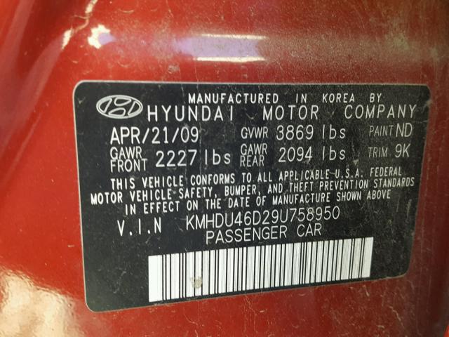 KMHDU46D29U758950 - 2009 HYUNDAI ELANTRA GL RED photo 10