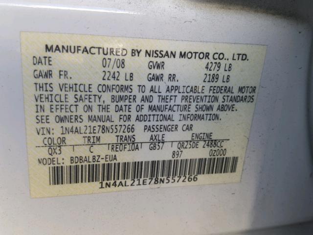 1N4AL21E78N557266 - 2008 NISSAN ALTIMA 2.5 WHITE photo 10