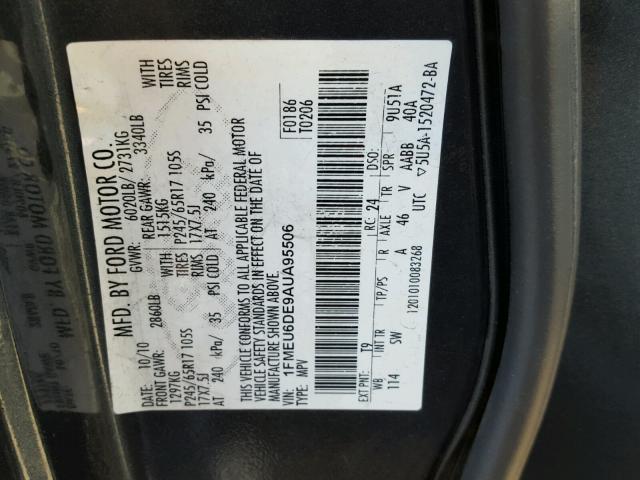 1FMEU6DE9AUA95506 - 2010 FORD EXPLORER X GRAY photo 10