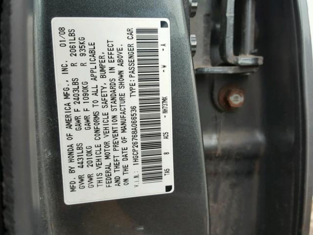 1HGCP26768A066536 - 2008 HONDA ACCORD EX GRAY photo 10