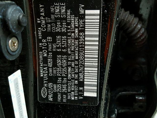 KM8JN72D89U113968 - 2009 HYUNDAI TUCSON SE BLACK photo 10