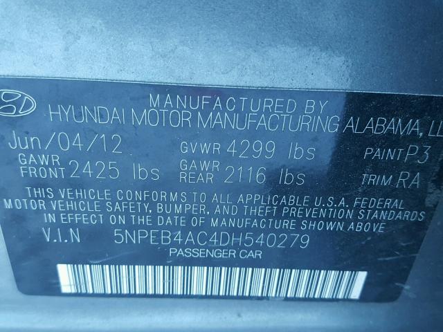 5NPEB4AC4DH540279 - 2013 HYUNDAI SONATA GLS GRAY photo 10