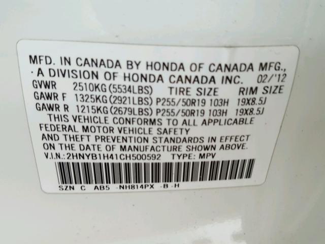 2HNYB1H41CH500592 - 2012 ACURA ZDX TECHNO WHITE photo 10