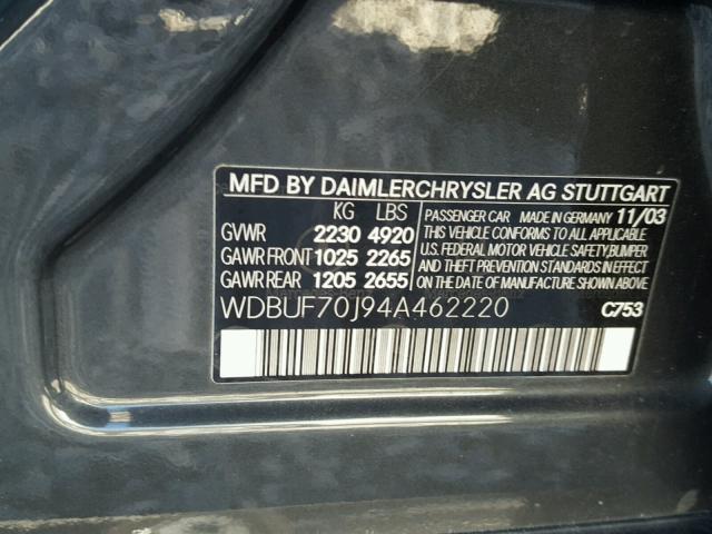 WDBUF70J94A462220 - 2004 MERCEDES-BENZ E 500 CHARCOAL photo 10