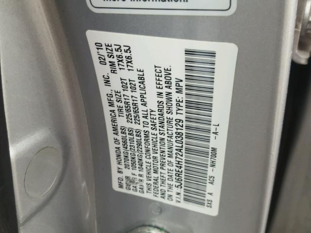 5J6RE4H72AL038129 - 2010 HONDA CR-V EXL SILVER photo 10