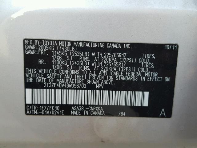 2T3ZF4DV4BW096703 - 2011 TOYOTA RAV4 SILVER photo 10