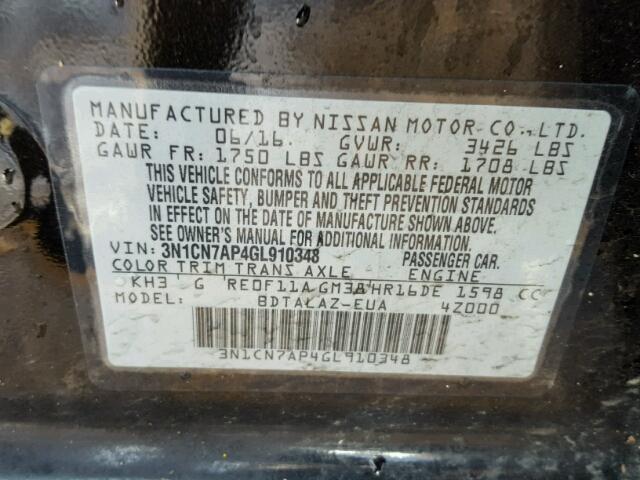 3N1CN7AP4GL910348 - 2016 NISSAN VERSA S BLACK photo 10