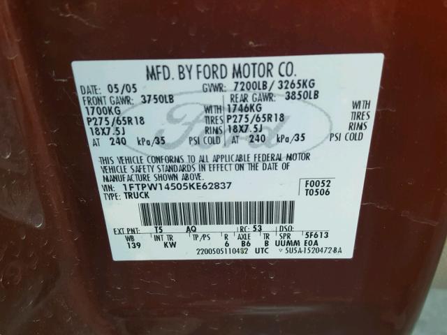 1FTPW14505KE62837 - 2005 FORD F150 SUPER BURGUNDY photo 10