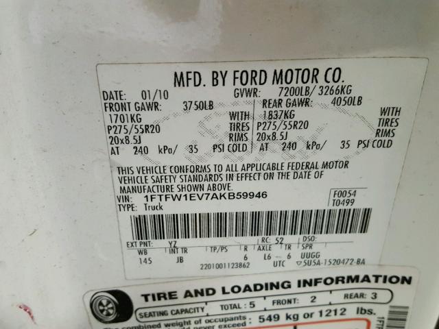 1FTFW1EV7AKB59946 - 2010 FORD F150 SUPER WHITE photo 10