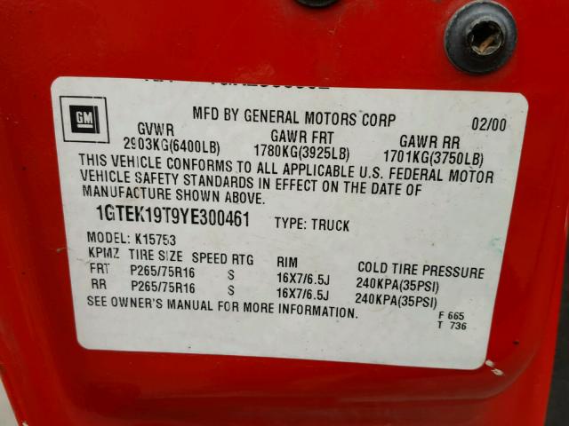 1GTEK19T9YE300461 - 2000 GMC NEW SIERRA RED photo 10