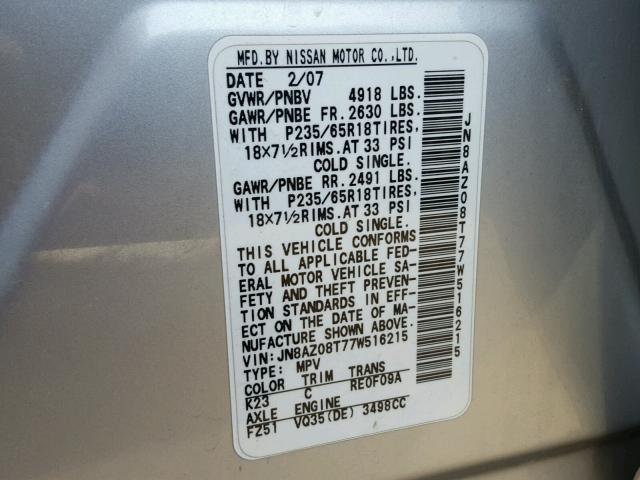 JN8AZ08T77W516215 - 2007 NISSAN MURANO SL SILVER photo 10