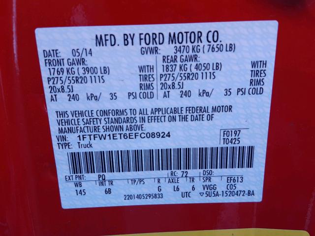 1FTFW1ET6EFC08924 - 2014 FORD F150 SUPER RED photo 10