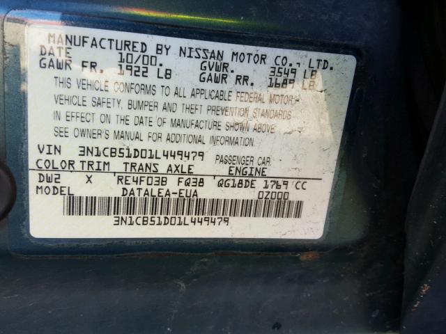 3N1CB51D01L449479 - 2001 NISSAN SENTRA XE GREEN photo 10