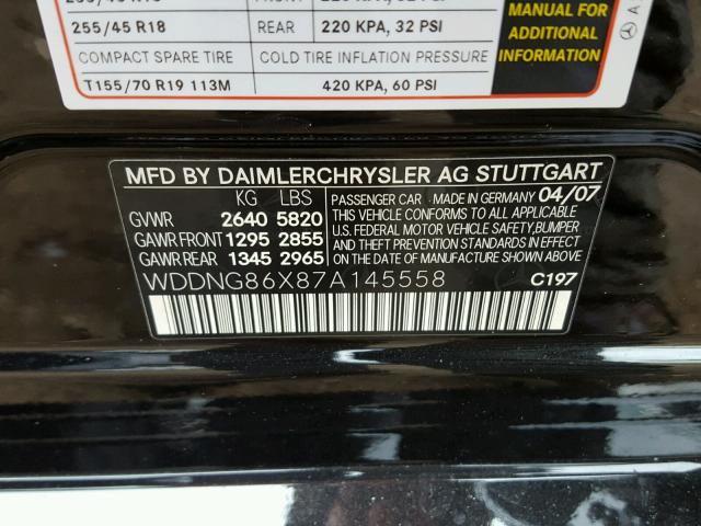 WDDNG86X87A145558 - 2007 MERCEDES-BENZ S 550 4MAT BLACK photo 10