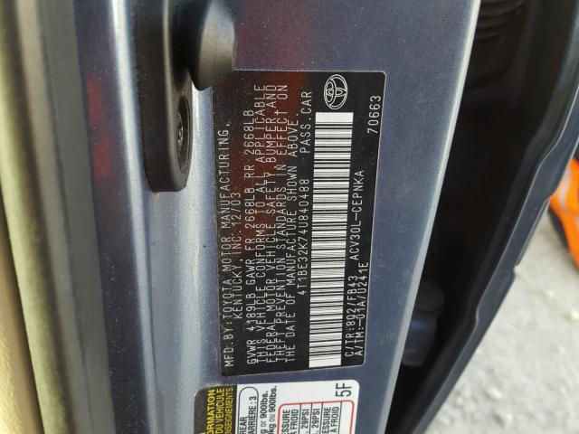 4T1BE32K74U840488 - 2004 TOYOTA CAMRY LE BLUE photo 10