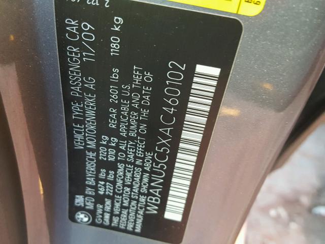 WBANU5C5XAC460102 - 2010 BMW 528 I GRAY photo 10