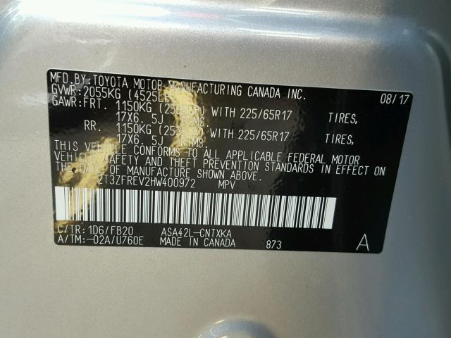 2T3ZFREV2HW400972 - 2017 TOYOTA RAV4 LE Արծաթագույն լուսանկար 10