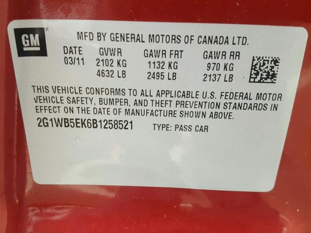 2G1WB5EK6B1258521 - 2011 CHEVROLET IMPALA LT RED photo 10