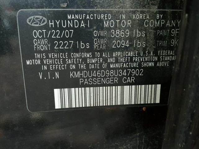 KMHDU46D98U347902 - 2008 HYUNDAI ELANTRA GL BLACK photo 10