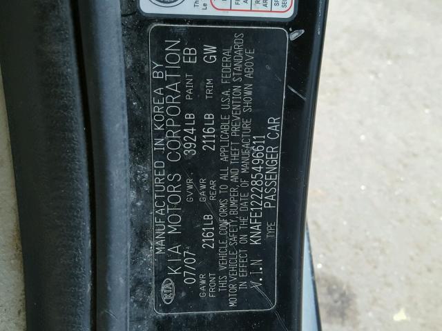 KNAFE122285496611 - 2008 KIA SPECTRA EX BLACK photo 10