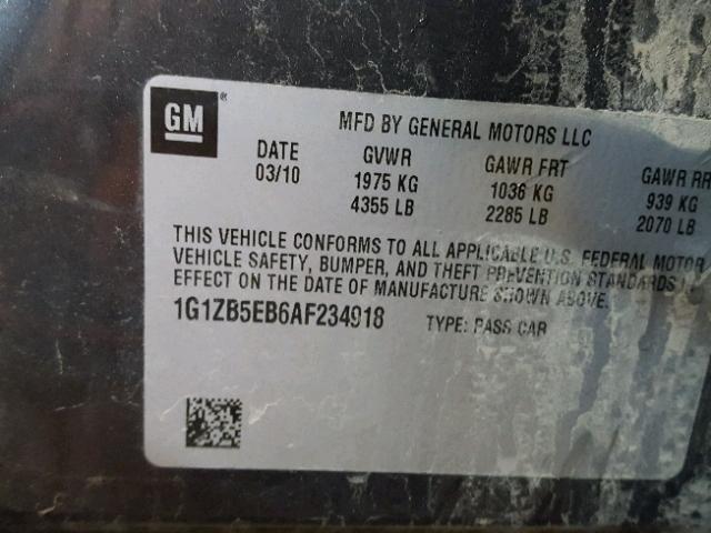 1G1ZB5EB6AF234918 - 2010 CHEVROLET MALIBU LS GRAY photo 10