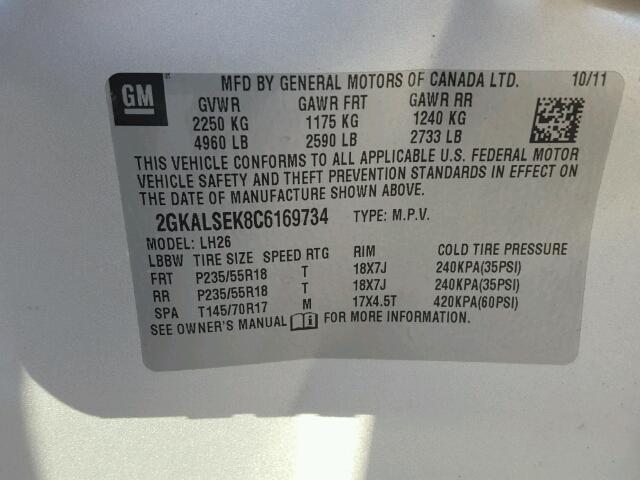 2GKALSEK8C6169734 - 2012 GMC TERRAIN SL SILVER photo 10