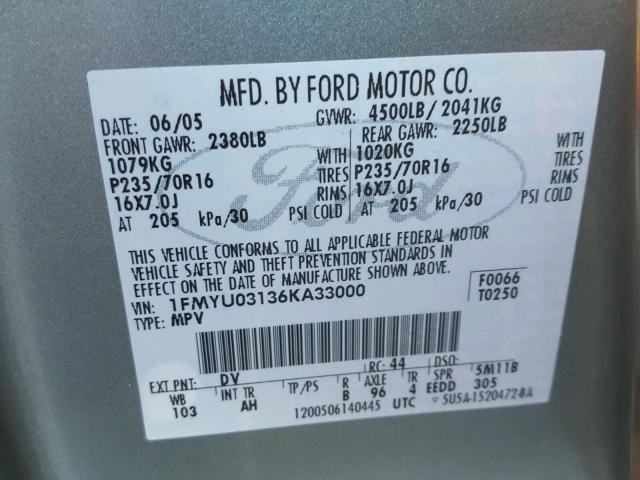 1FMYU03136KA33000 - 2006 FORD ESCAPE XLT GREEN photo 10